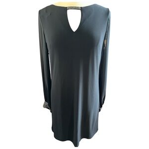 Patra Black Jersey Cocktail Dress Long Sheer Sleeves Rhinestone Details Size 10
